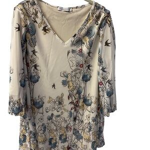 Misslook Cream Floral V-Neck Women’s Tunic Balloon 3/4 Sleeves Lined Sz L NWOT